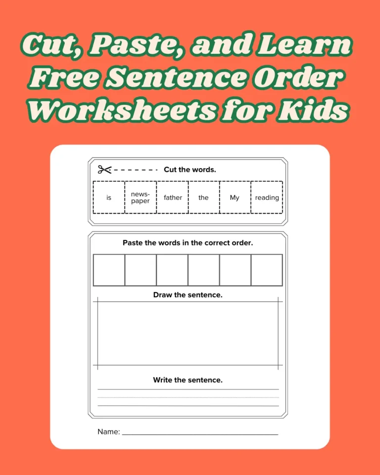 Cut, Paste, and Learn Free Sentence Order Worksheets for Kids (Pages 10)